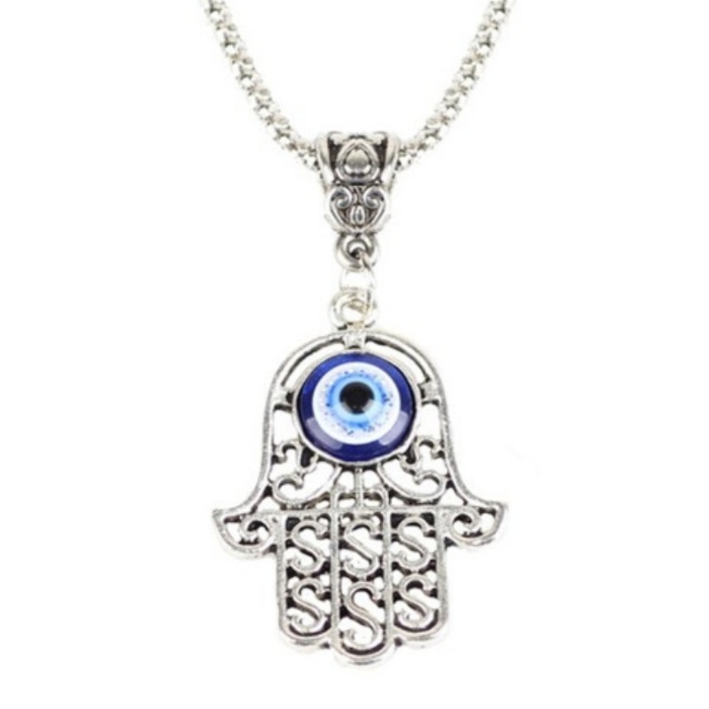Necklace - Eye of the Hamsa Silver & Blue